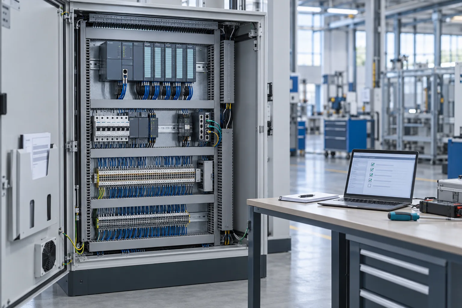 PLC control cabinet and an engineering laptop on a factory test bench